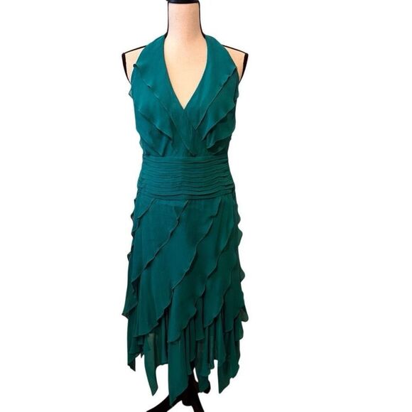 Vtg Tadashi Shoji  Green Silk Tiered Handkerchief Hem Dress Sz 10 Y2K, Cocktail - Picture 1 of 11